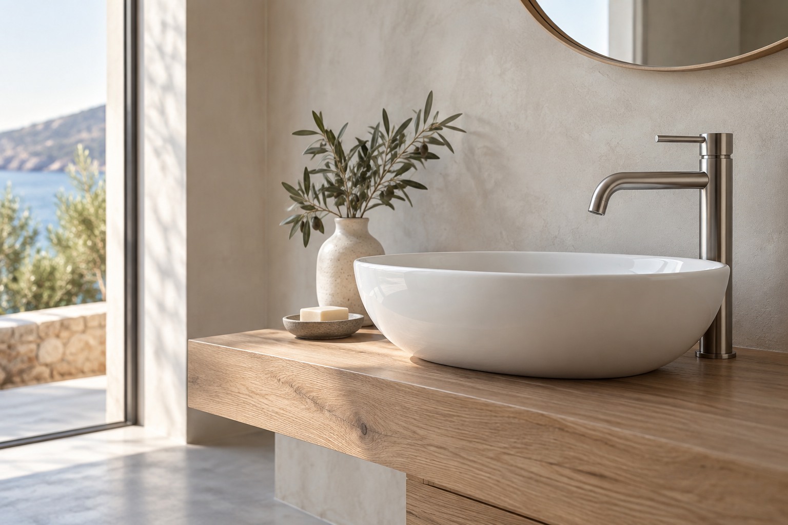 Λευκός νιπτήρας με σύγχρονη μπαταρία σε ξύλινο πάγκο